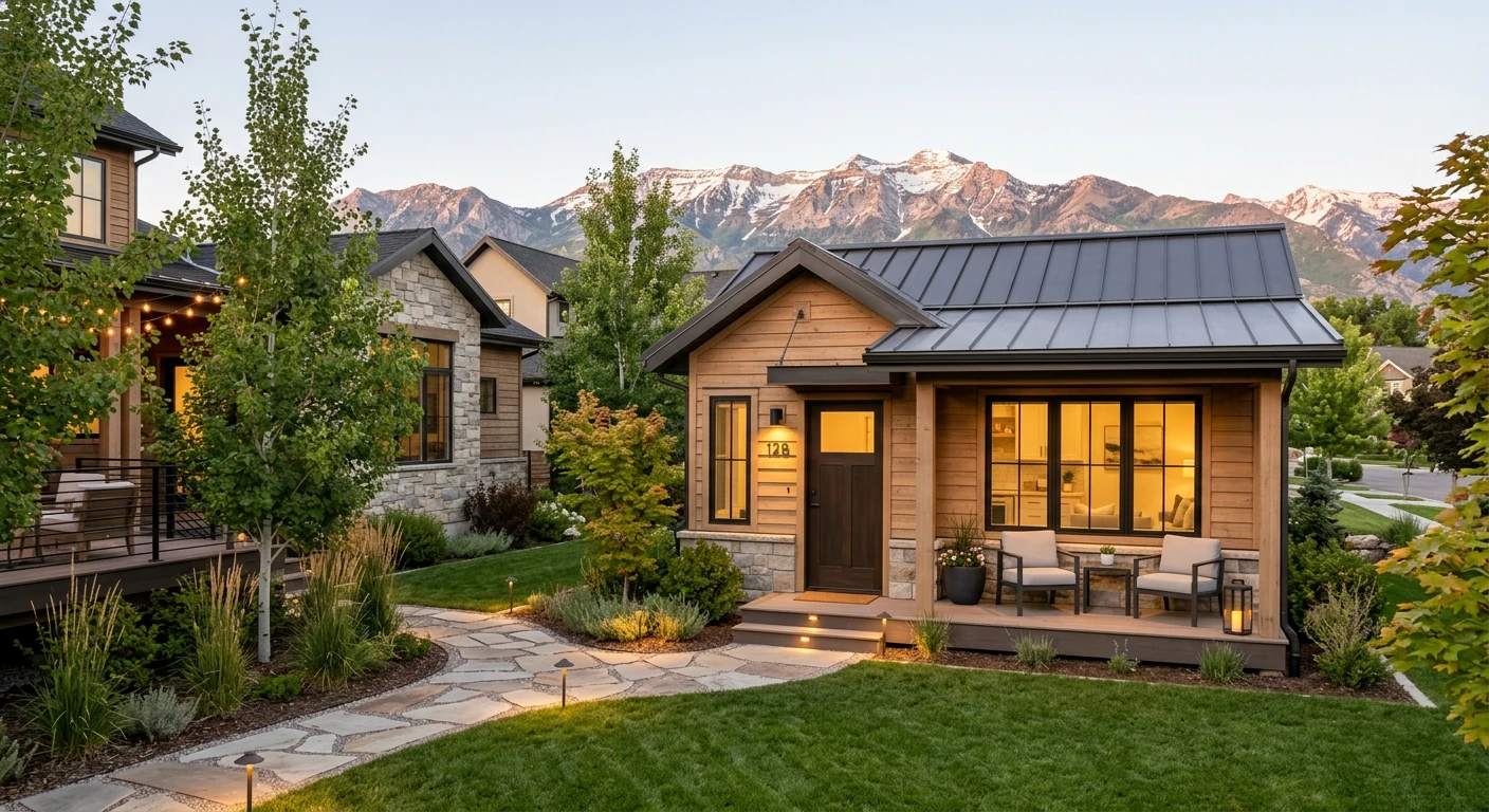 Utah casita exterior at dusk — finished detached ADU with mountain backdrop, landscaping, and covered porch in Utah
