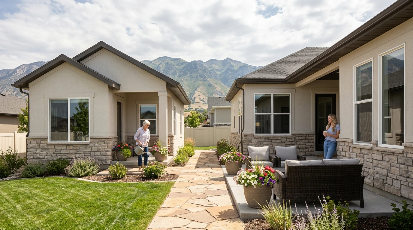 Utah casita multigenerational living — mother and daughter on adjacent patios of a main home and detached casita ADU in Utah