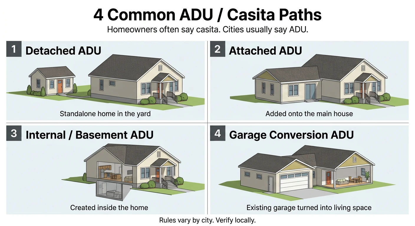 4 common ADU casita paths in Utah: detached ADU standalone home in yard, attached ADU added onto main house, internal basement ADU created inside home, garage conversion ADU