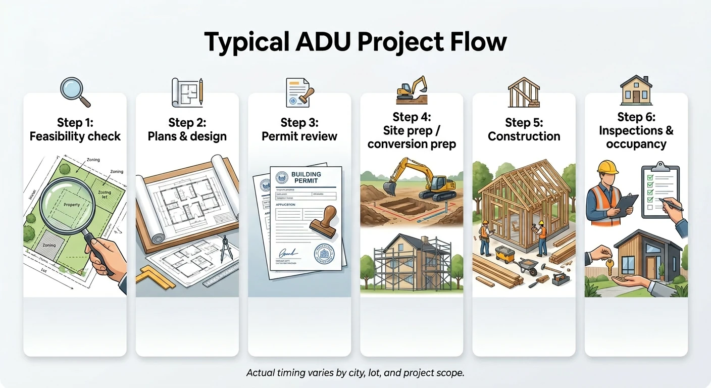 Typical Utah ADU casita project flow: Step 1 feasibility check, Step 2 plans and design, Step 3 permit review, Step 4 site prep, Step 5 construction, Step 6 inspections and occupancy