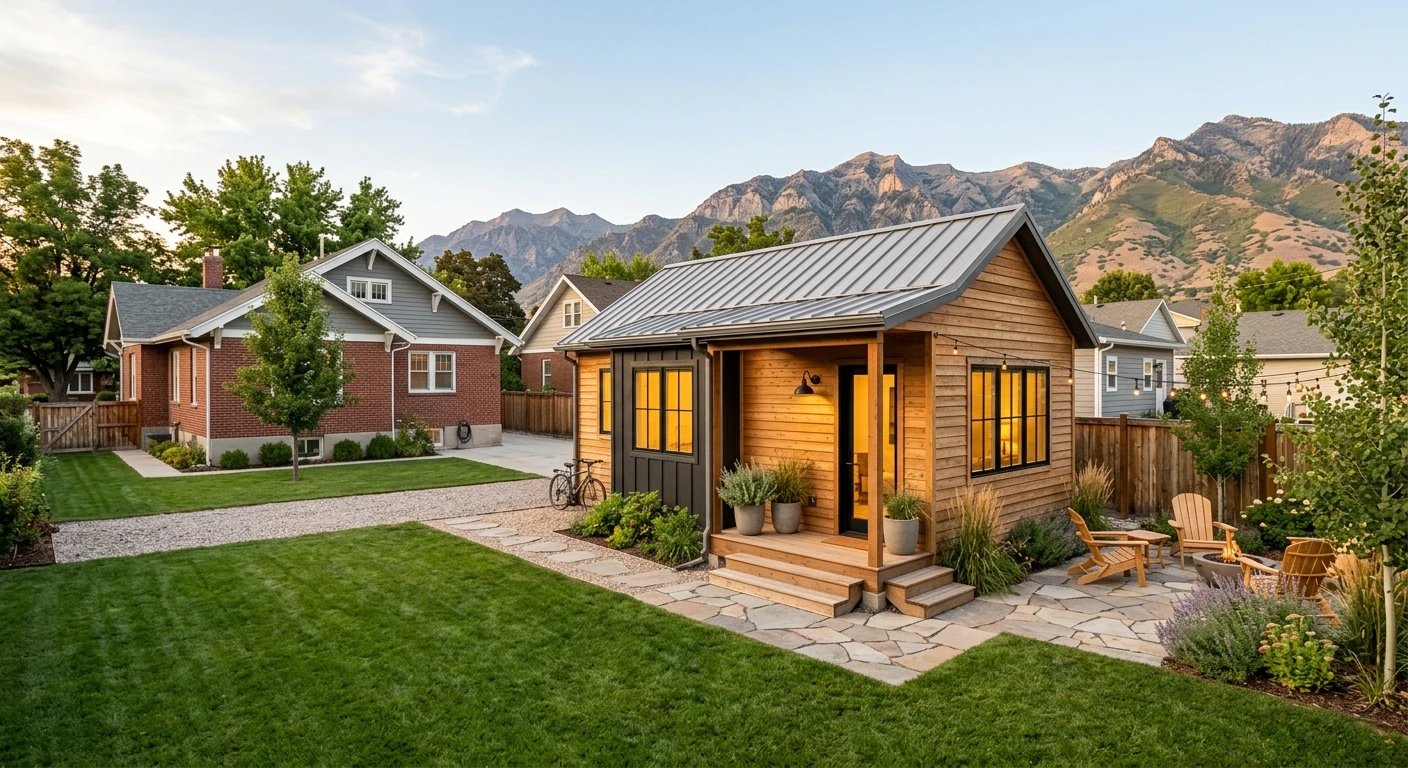 Detached backyard ADU in Logan Utah Cache Valley — wood siding cottage with covered porch, landscaping, mountain backdrop at dusk
