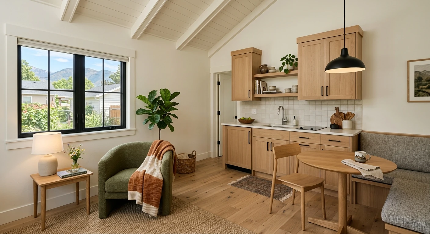 Logan Utah ADU interior — open plan living and kitchen with vaulted ceiling, mountain view window, and modern finishes in Cache Valley ADU