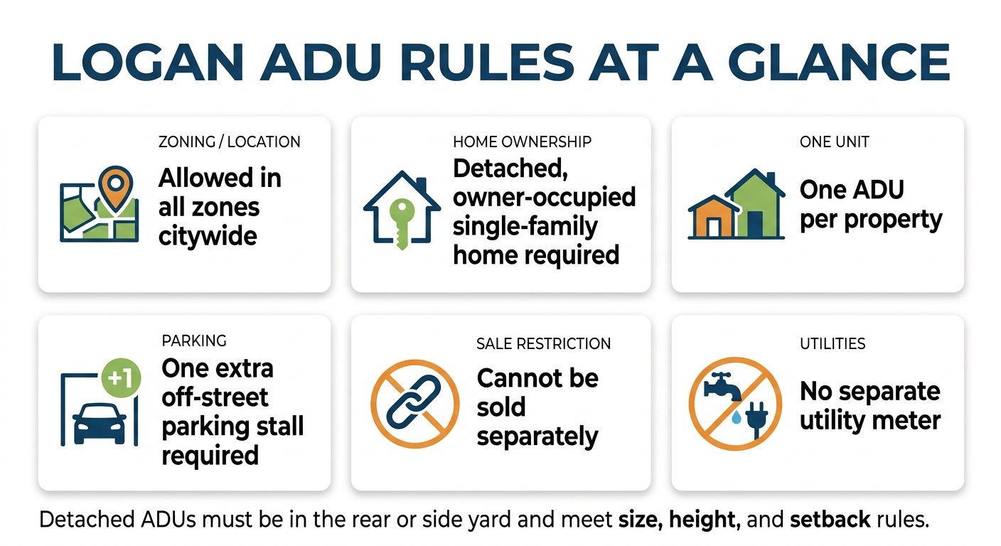 Logan ADU rules at a glance — allowed in all zones citywide, owner-occupied single-family home required, one ADU per property, one extra parking stall, cannot be sold separately, no separate utility meter
