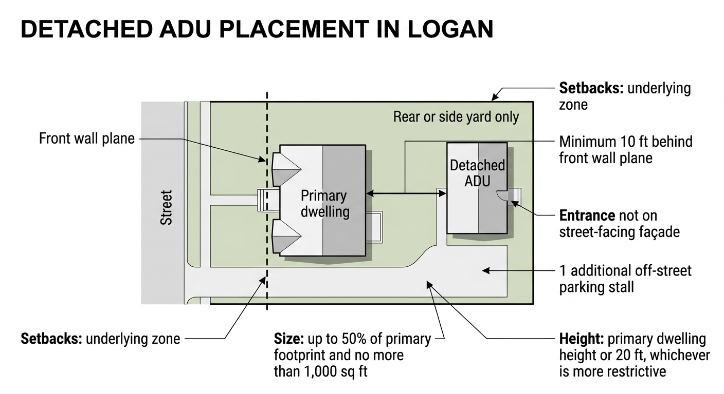 Detached ADU placement diagram in Logan Utah — rear or side yard only, minimum 10 feet behind front wall plane, size up to 50% of primary footprint or 1000 sq ft, height limited to primary dwelling or 20 feet