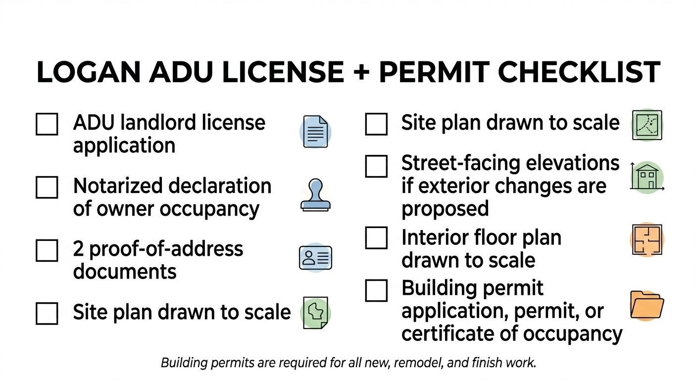 Logan ADU license and permit checklist — ADU landlord license application, notarized declaration of owner occupancy, proof of address, site plan, floor plan, building permit