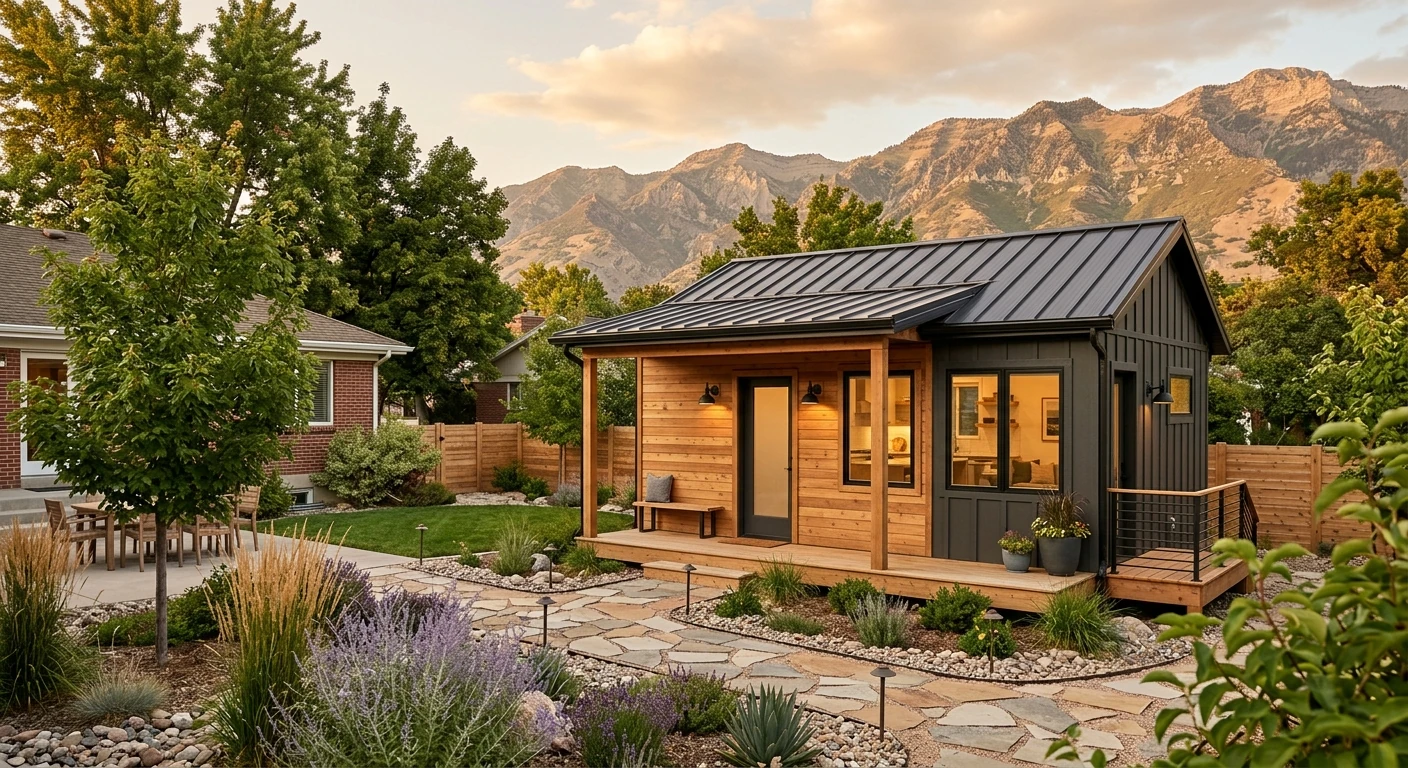 Detached backyard ADU in Weber County Northern Utah — modern board-and-batten cottage with metal roof, covered porch, stone pathways, and Wasatch Mountain backdrop at golden hour