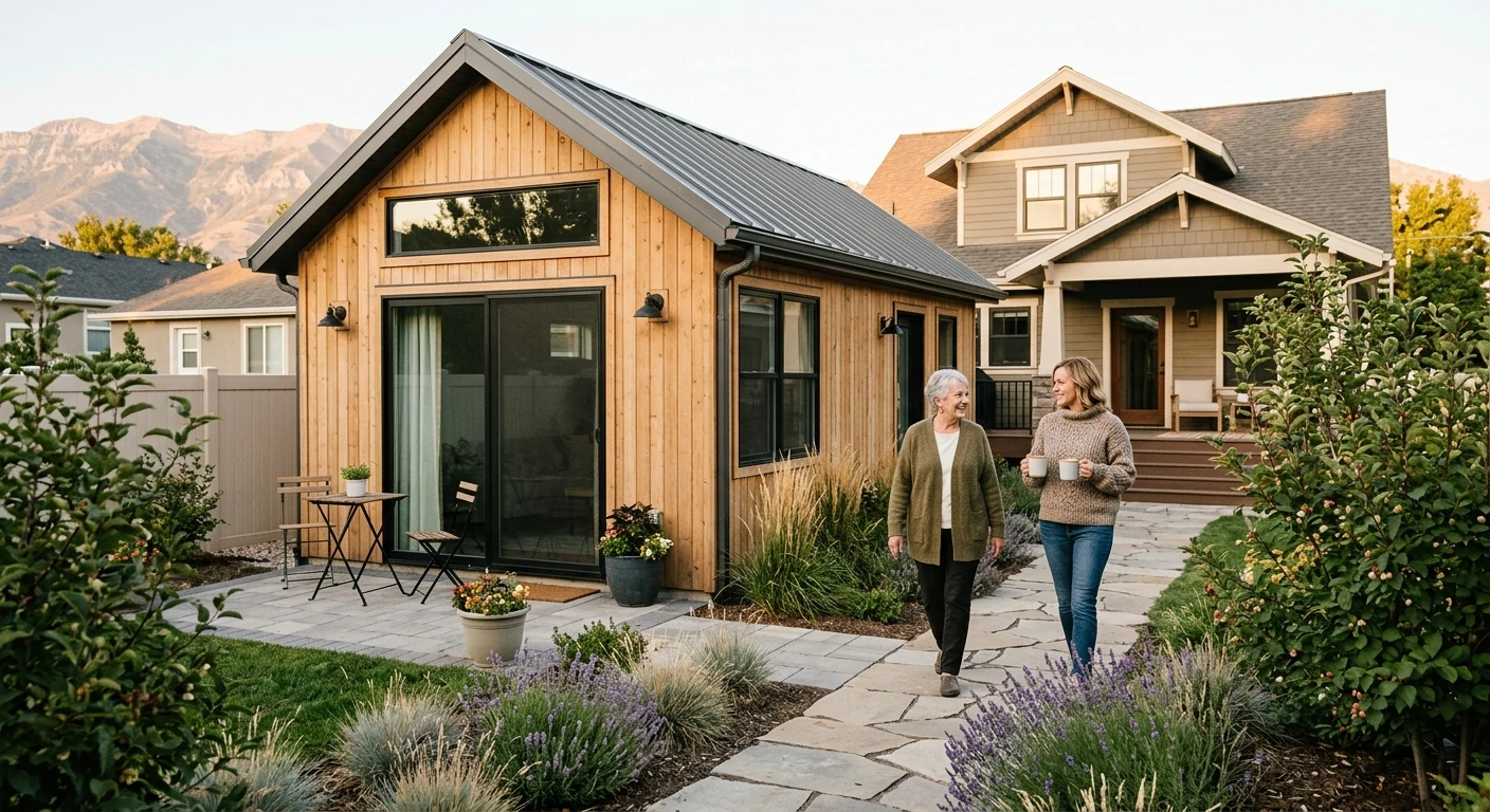 Mother and daughter walking outside backyard ADU in Weber County Utah — multi-generational living with aging parent in accessory dwelling unit