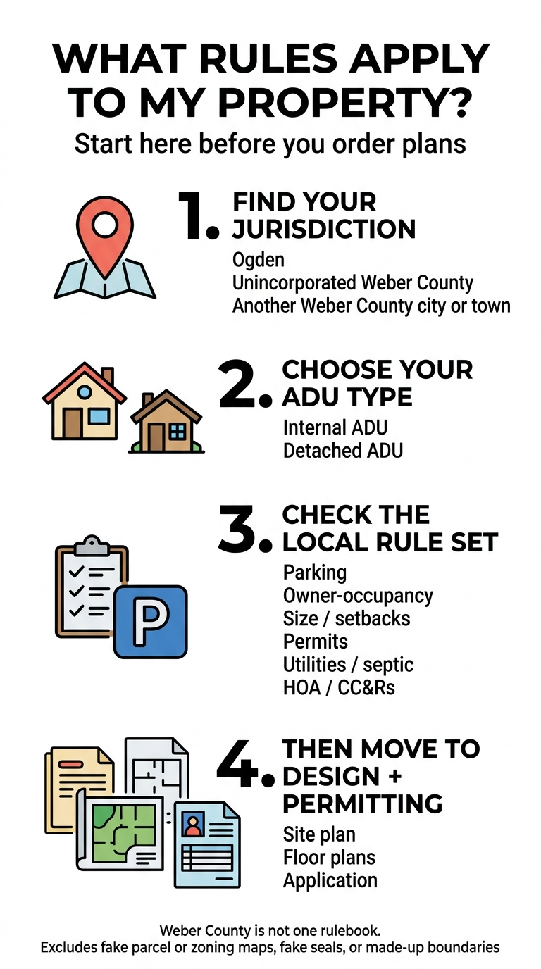 What rules apply to my Weber County property? 4-step guide: find jurisdiction, choose ADU type, check local rule set, then design and permit — Weber County is not one rulebook