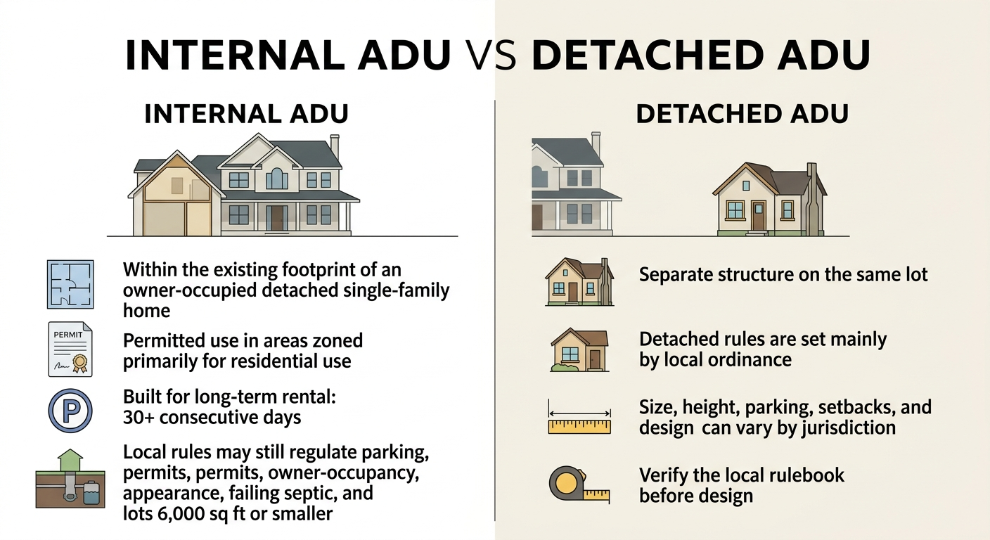 Internal ADU vs Detached ADU comparison infographic — internal ADU within existing footprint permitted by state law, detached ADU separate structure governed by local ordinance with size, height, parking, and setback rules
