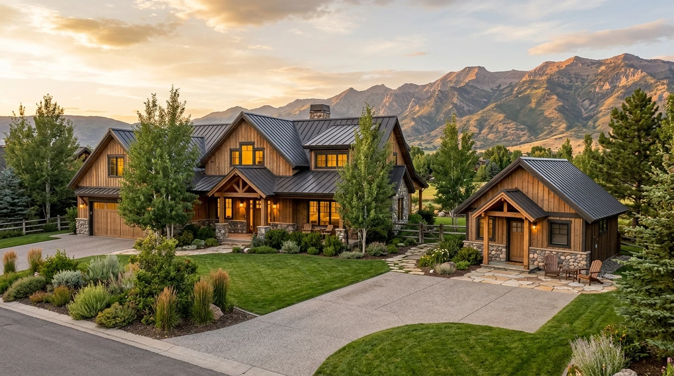 Beautiful Heber Valley mountain home with detached ADU cottage at sunset — timber frame construction, dark metal roof, stone and cedar exterior, mature landscaping, with Wasatch mountain backdrop and warm amber interior lighting