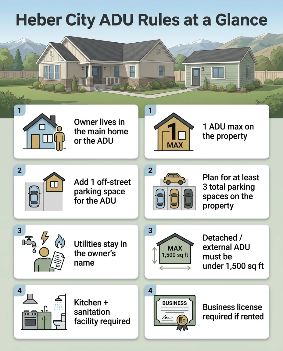 Heber City ADU Rules at a Glance — 8 key rules: (1) Owner lives in main home or ADU, (2) Add 1 off-street parking space for ADU, (3) Utilities stay in owner's name, (4) Kitchen plus sanitation facility required; and (5) 1 ADU max on the property, (6) Plan for at least 3 total parking spaces, (7) Detached or external ADU must be under 1,500 sq ft, (8) Business license required if rented