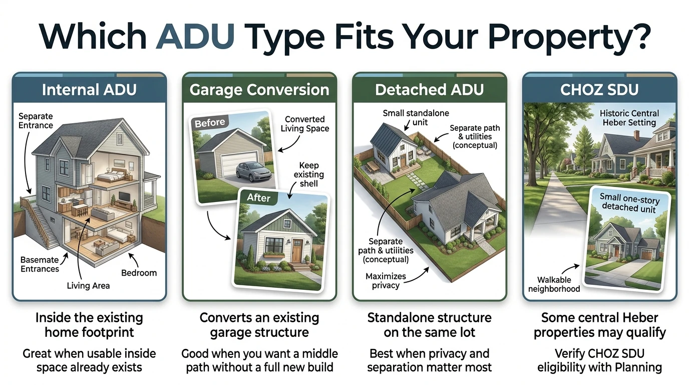 Which ADU Type Fits Your Heber City Property? Four options compared: Internal ADU (inside existing home footprint, great when usable inside space already exists), Garage Conversion (converts existing garage structure, good middle path without a full new build), Detached ADU (standalone structure on same lot, best when privacy and separation matter most), CHOZ SDU (some central Heber properties may qualify for Subordinate Dwelling Unit with walkable neighborhood setting)