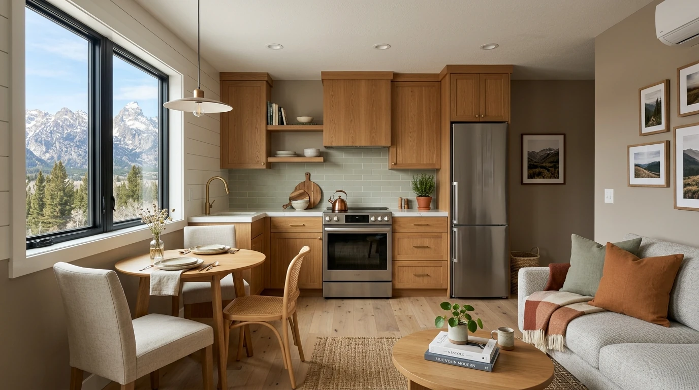 Interior of a well-designed Heber City ADU — open-plan kitchen and living area with mountain views, warm wood cabinetry, stainless appliances, and natural light — the kind of space that commands premium rents in the Heber Valley