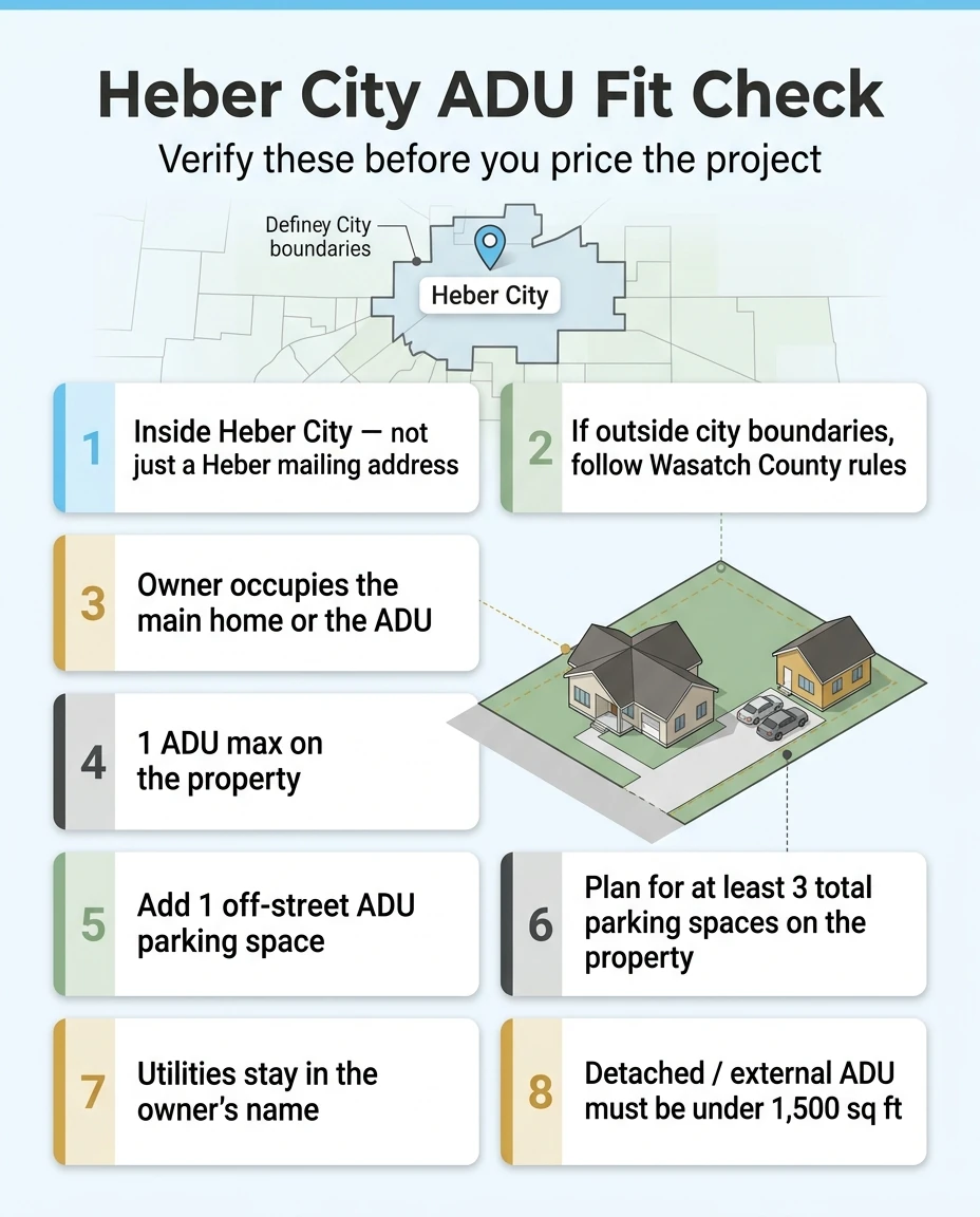 Heber City ADU Fit Check — verify these 8 items before you price the project: (1) Inside Heber City limits not just a mailing address, (2) If outside city boundaries follow Wasatch County rules, (3) Owner occupies the main home or the ADU, (4) 1 ADU max on the property, (5) Add 1 off-street ADU parking space, (6) Plan for at least 3 total parking spaces on the property, (7) Utilities stay in the owner's name, (8) Detached or external ADU must be under 1,500 sq ft