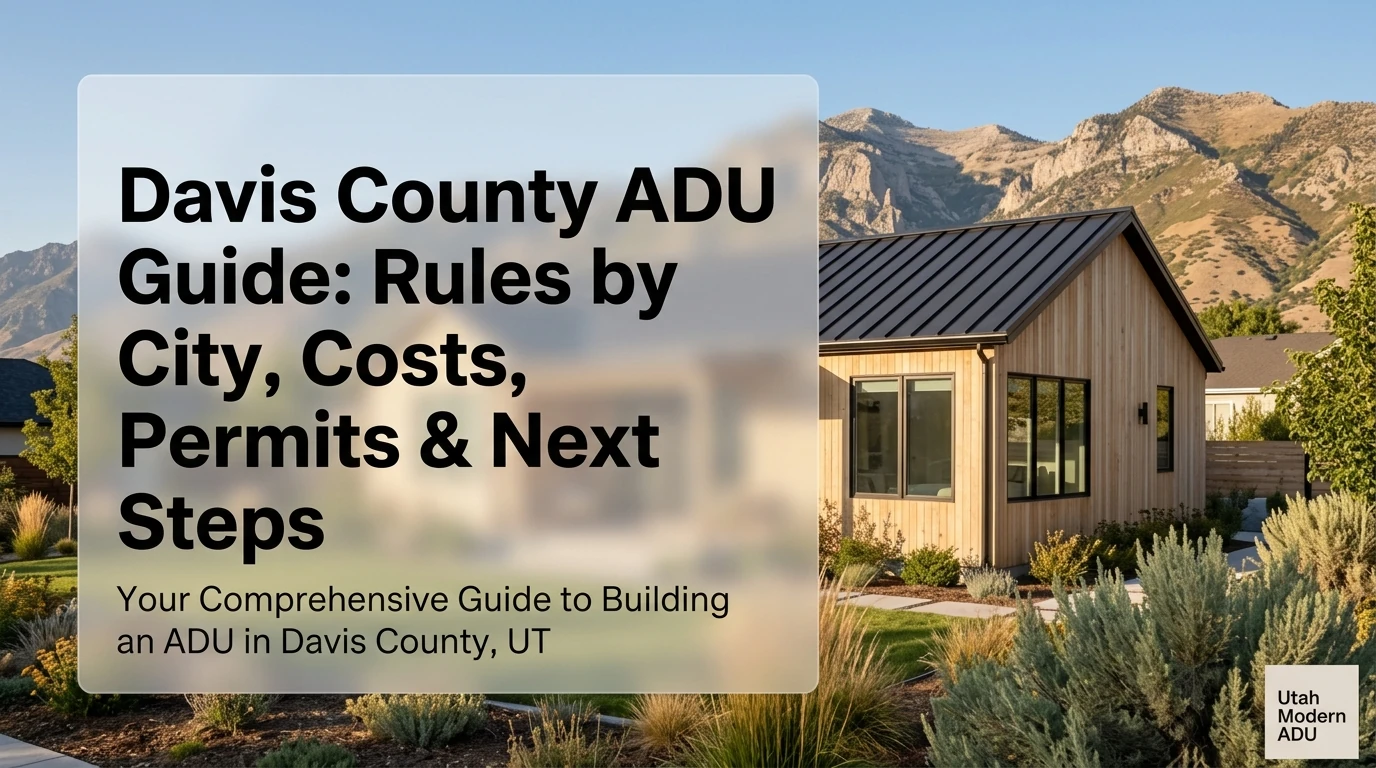 Davis County ADU Guide: Rules by City, Costs, Permits and Next Steps — modern detached ADU with light wood siding and metal roof against Wasatch mountain backdrop