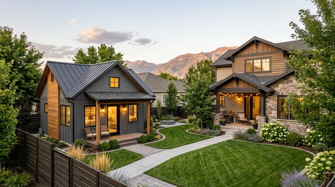 Davis County home with detached ADU backyard cottage at sunset \u2014 dark gray siding with cedar accents, covered porch, stone and timber main house, landscaped walkway, and Wasatch mountain backdrop