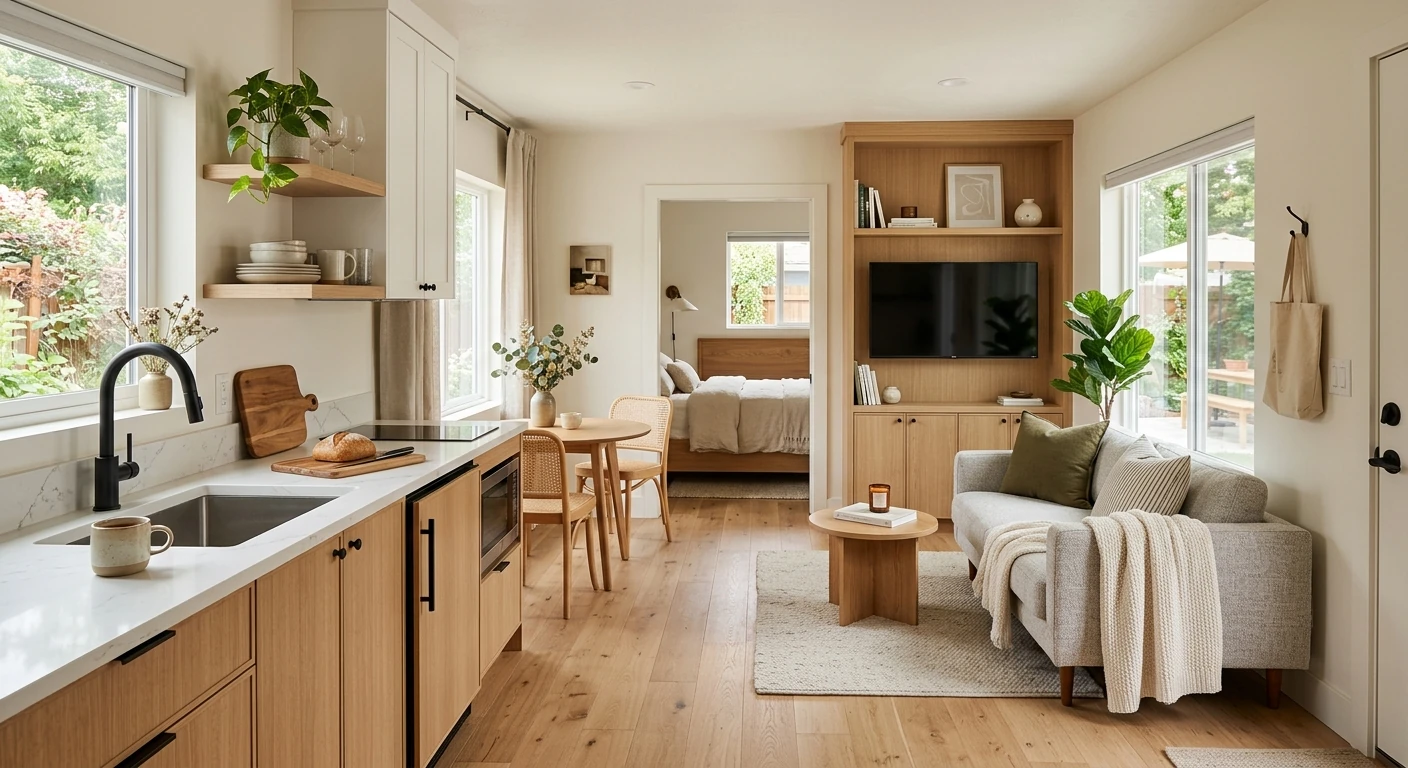 Interior of a beautifully designed Davis County ADU \u2014 open-plan kitchen with white and oak cabinetry, living area with sofa, natural wood flooring, dining nook, bedroom visible through sliding door, abundant natural light from large windows