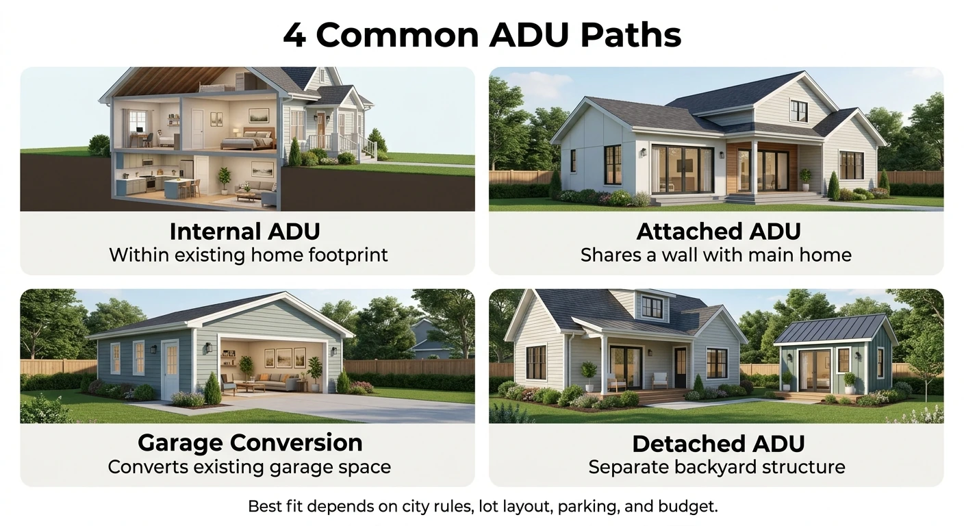 4 Common ADU Paths in Davis County: Internal ADU (within existing home footprint), Attached ADU (shares a wall with main home), Garage Conversion (converts existing garage space), and Detached ADU (separate backyard structure) — best fit depends on city rules, lot layout, parking, and budget