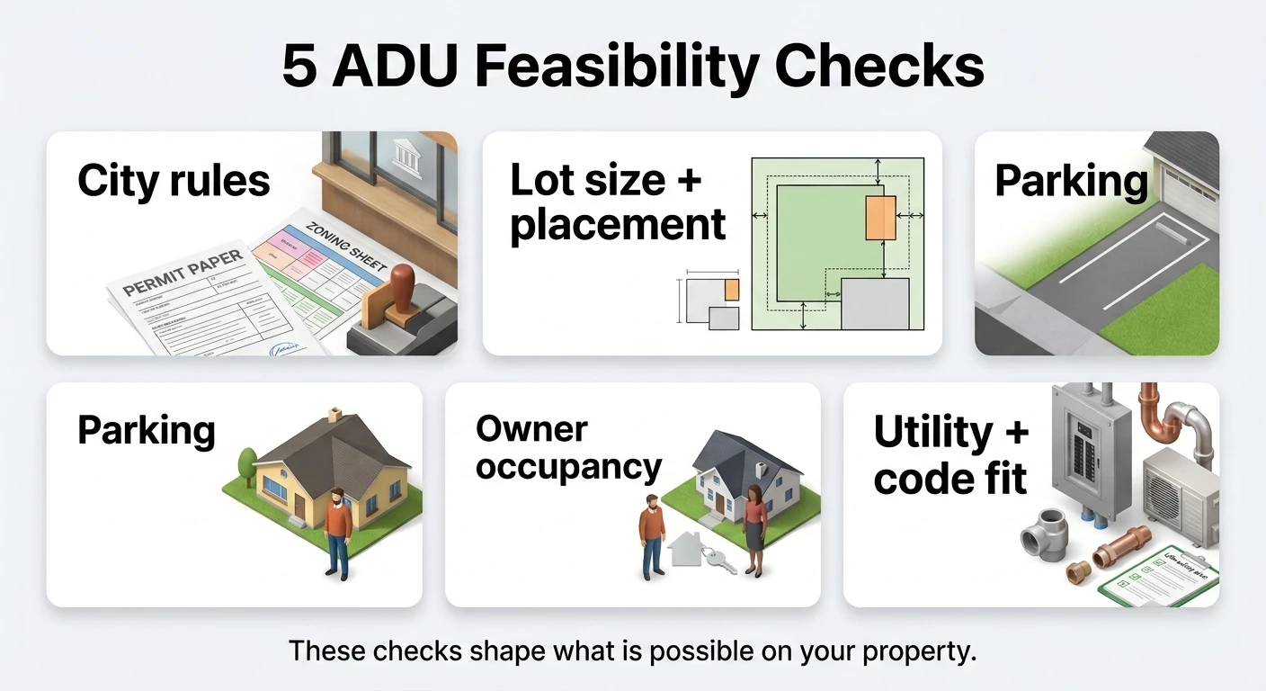 5 ADU Feasibility Checks for Davis County homeowners: (1) City rules - check your city's ordinance, (2) Lot size plus placement - verify minimums and setbacks, (3) Parking - confirm you have enough off-street spaces, (4) Owner occupancy - you must live on the property, (5) Utility plus code fit - electrical capacity plumbing and HVAC feasibility. These checks shape what is possible on your property.