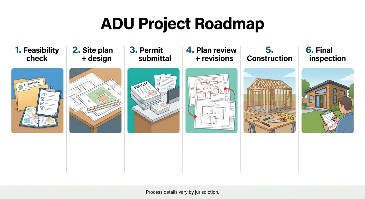 ADU Project Roadmap for Davis County: 6 stages \u2014 (1) Feasibility check (2) Site plan plus design (3) Permit submittal (4) Plan review plus revisions (5) Construction (6) Final inspection. Process details vary by jurisdiction.