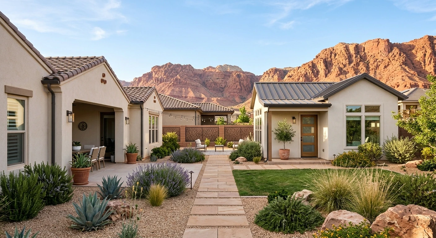 St. George Utah home with detached casita ADU connected by stone walkway with desert landscaping, red rock cliffs in background, stucco and tile roof architecture typical of Southern Utah