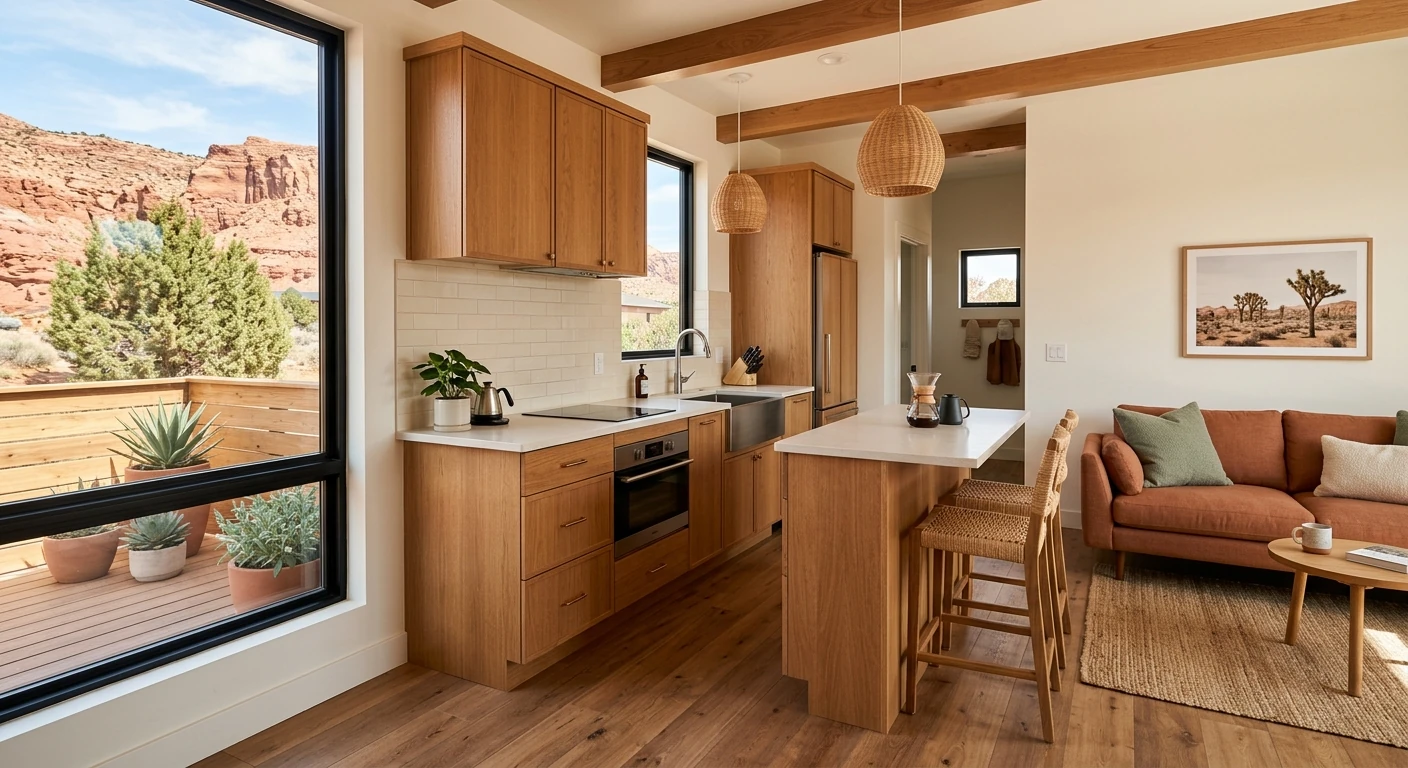 Interior of a beautifully designed St. George ADU casita with natural oak cabinetry, quartz countertops, woven pendant lights, exposed wood beams, wide plank hardwood floors, desert landscape visible through large window, terracotta sofa and woven barstools