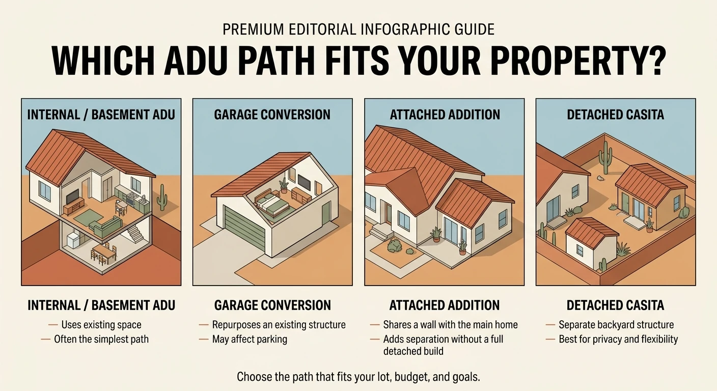 Which ADU path fits your property infographic showing four options for St. George homeowners: Internal or Basement ADU uses existing space and is often the simplest path, Garage Conversion repurposes an existing structure but may affect parking, Attached Addition shares a wall with the main home and adds separation without a full detached build, and Detached Casita is a separate backyard structure offering the best privacy and flexibility