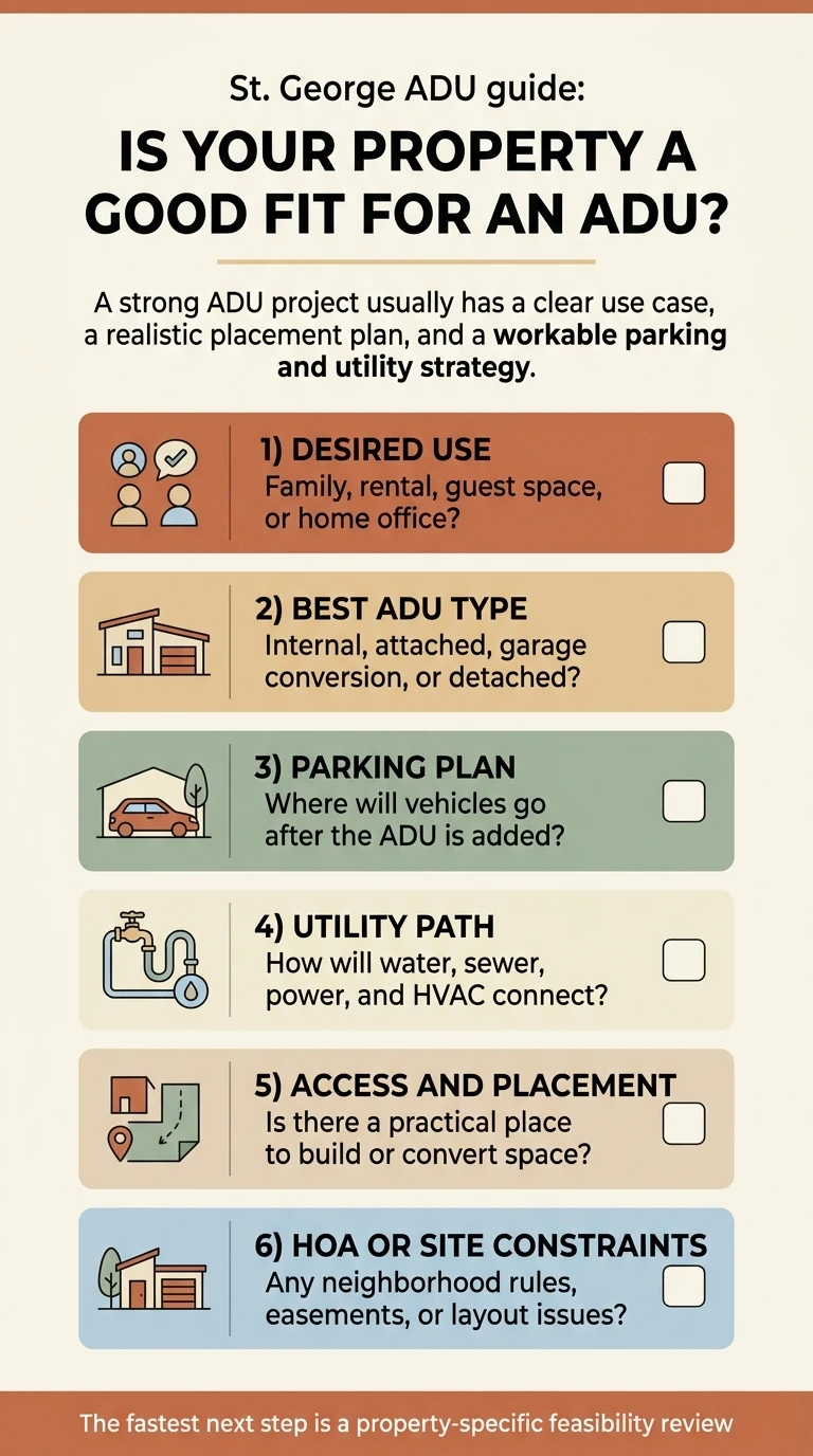 St. George ADU property fit checklist infographic with 6 checks: (1) Desired use - family rental guest space or home office, (2) Best ADU type - internal attached garage conversion or detached, (3) Parking plan - where will vehicles go after the ADU is added, (4) Utility path - how will water sewer power and HVAC connect, (5) Access and placement - is there a practical place to build or convert space, (6) HOA or site constraints - any neighborhood rules easements or layout issues. The fastest next step is a property-specific feasibility review.