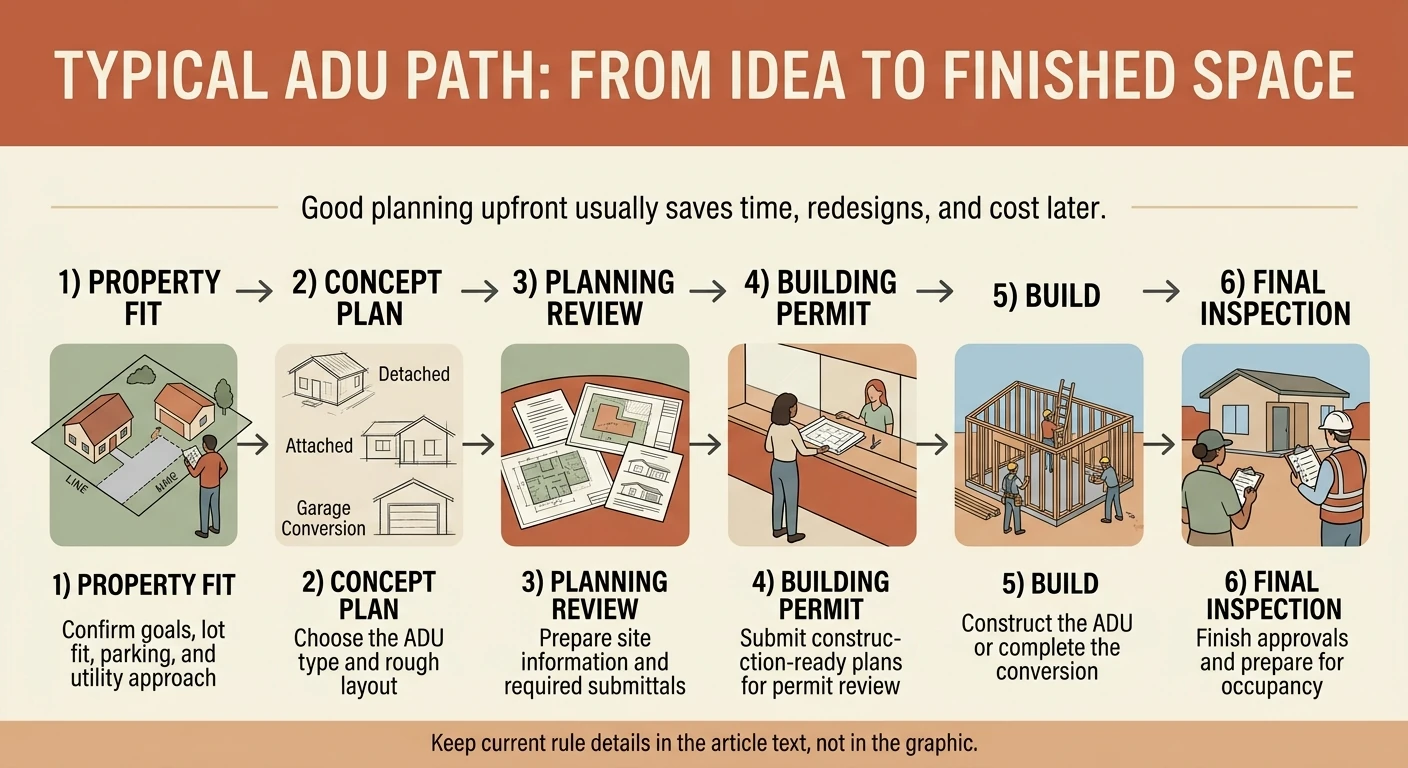 Typical ADU path from idea to finished space infographic showing 6 steps for St. George homeowners: (1) Property fit - confirm goals lot fit parking and utility approach, (2) Concept plan - choose the ADU type and rough layout, (3) Planning review - prepare site information and required submittals, (4) Building permit - submit construction-ready plans for permit review, (5) Build - construct the ADU or complete the conversion, (6) Final inspection - finish approvals and prepare for occupancy