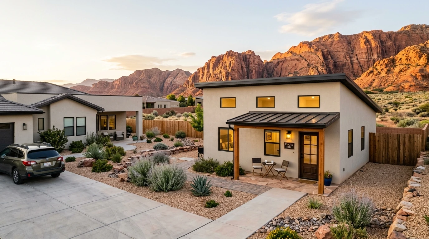 Detached ADU casita in St. George Utah with red rock cliffs in background — modern stucco design