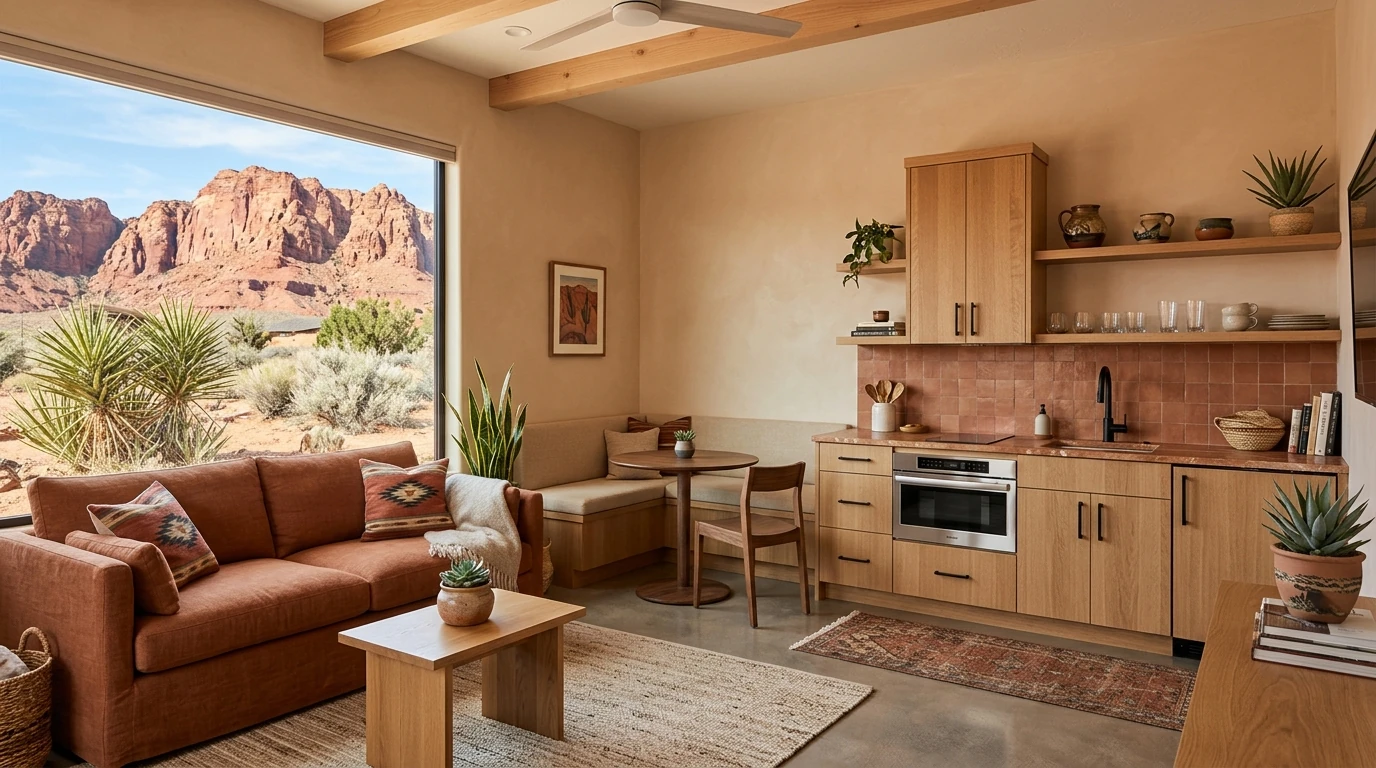 Interior of a Washington County ADU casita with desert views, kitchen, and living area