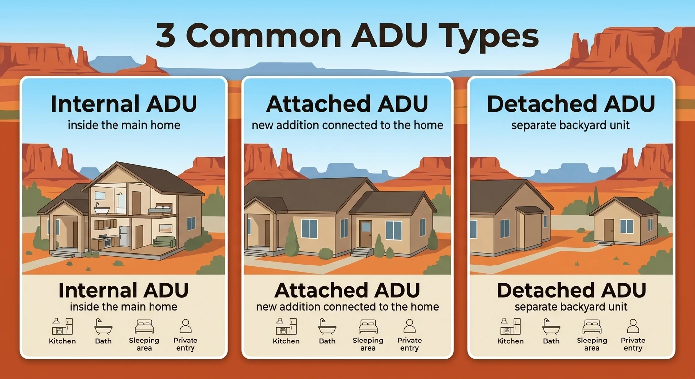 3 common ADU types in Washington County Utah: internal ADU, attached ADU, and detached casita