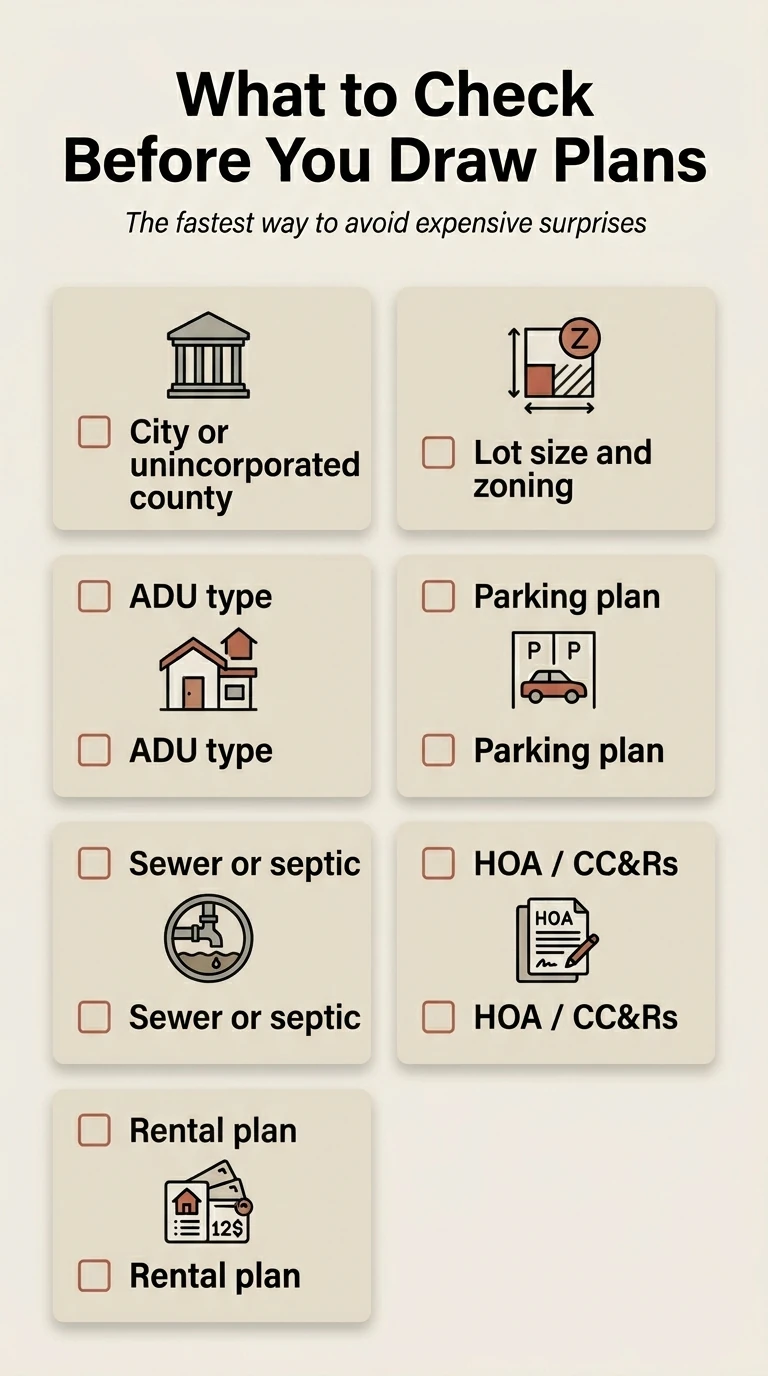 What to check before drawing ADU plans in Washington County Utah: lot size, zoning, parking, HOA, utilities