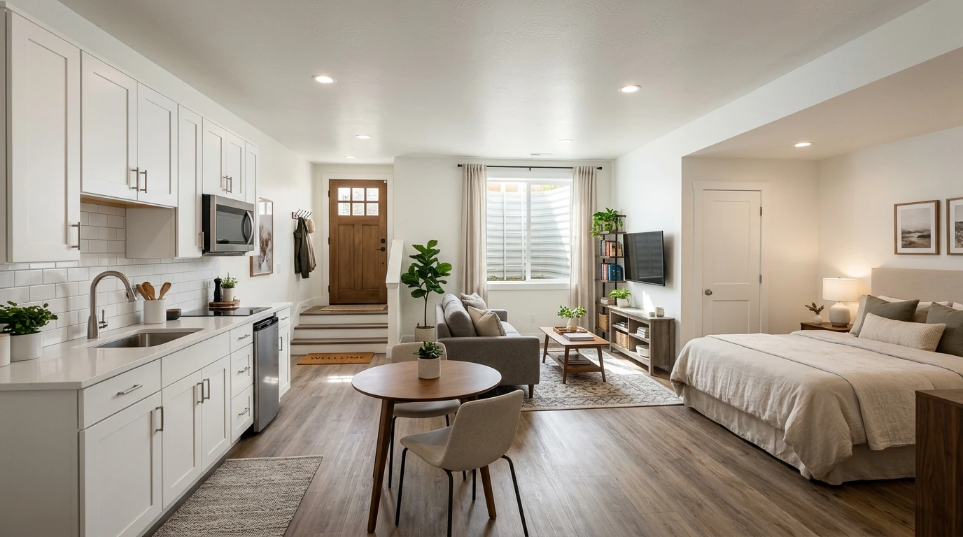 Modern ADU interior with open-plan kitchen, living area, and bedroom in Utah County