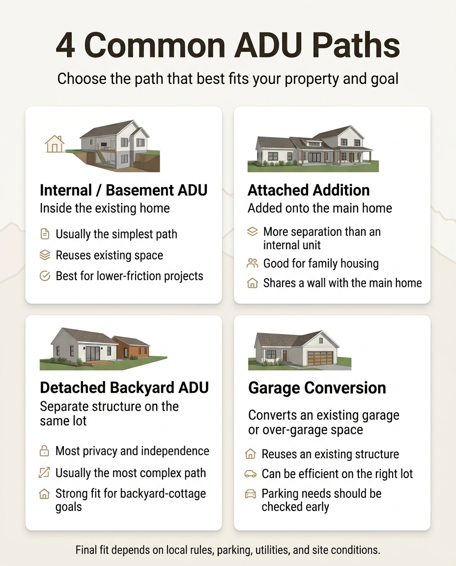 4 common ADU types: internal basement, attached addition, detached backyard, and garage conversion comparison
