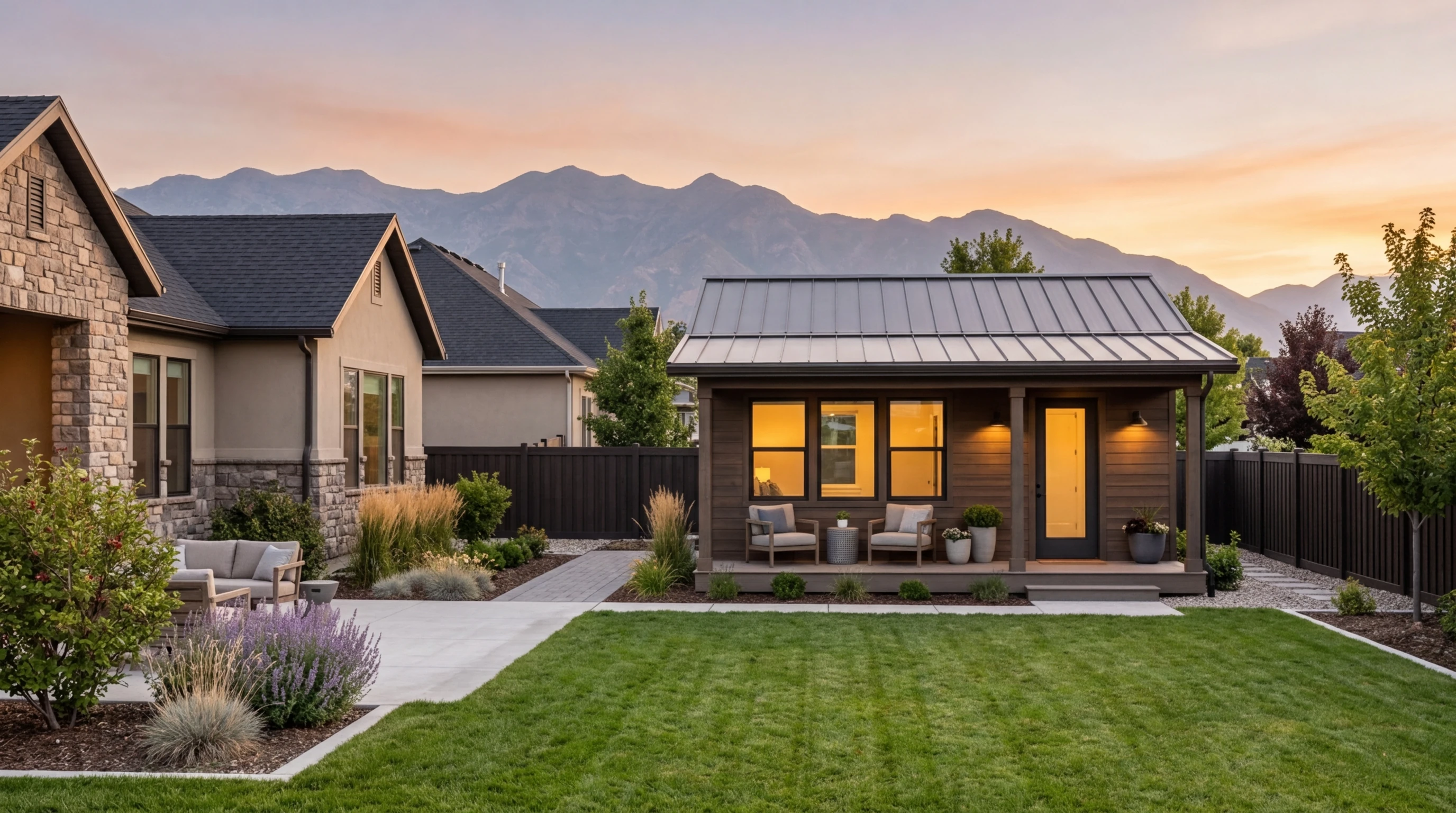 Completed detached ADU backyard cottage at sunset with Wasatch Mountain views in Utah — custom stick-built on-site