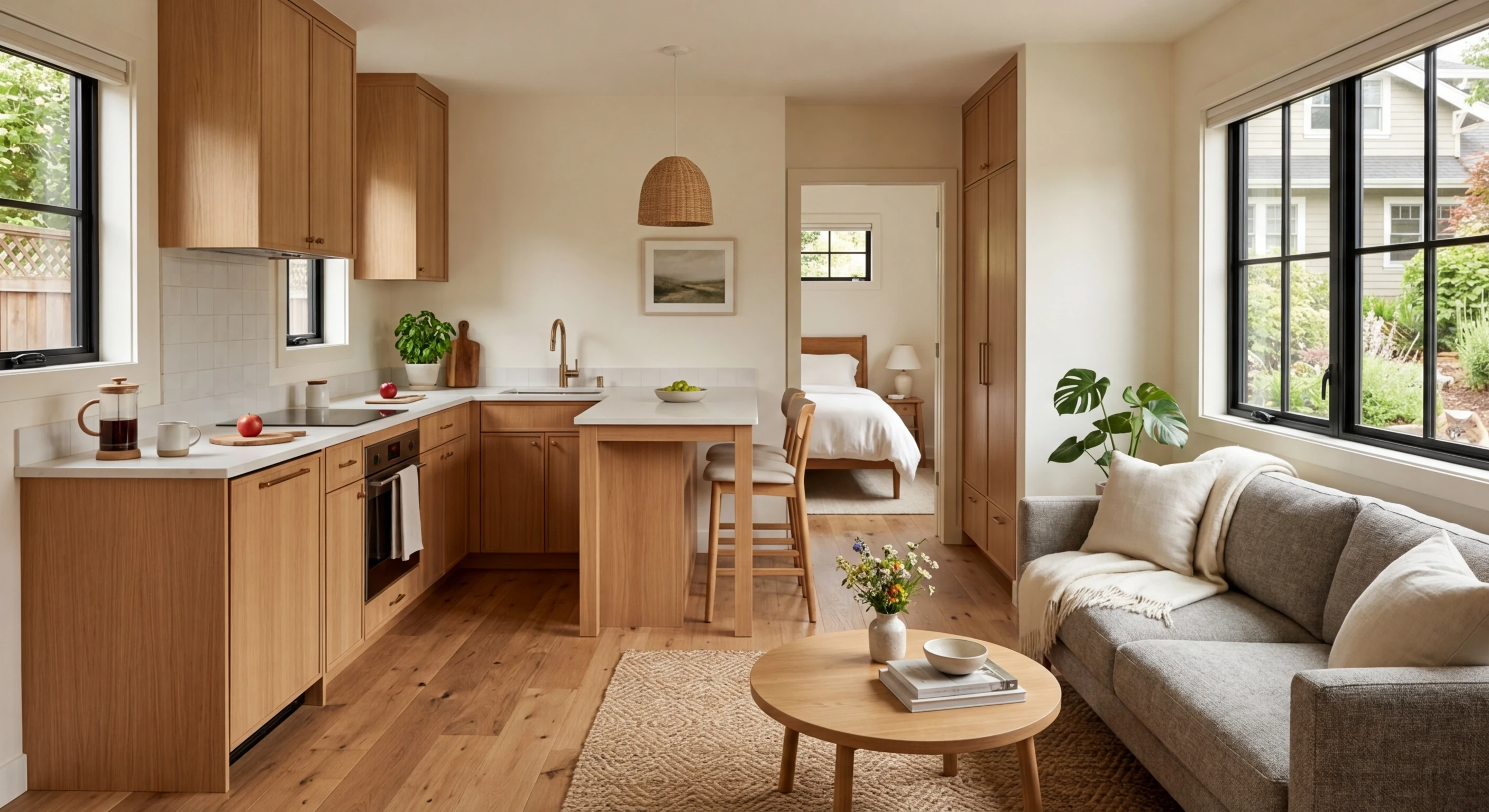 Modern ADU interior with open-plan kitchen, living area, and bedroom — custom-built ADU in Utah with wood cabinets, natural light, and quality finishes