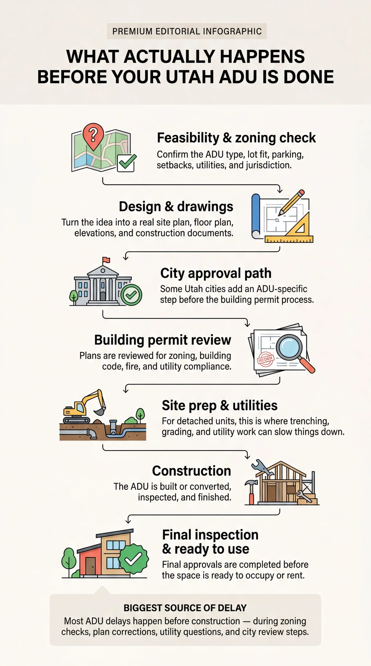 Infographic: What Actually Happens Before Your Utah ADU Is Done — 7 stages from feasibility check through final inspection