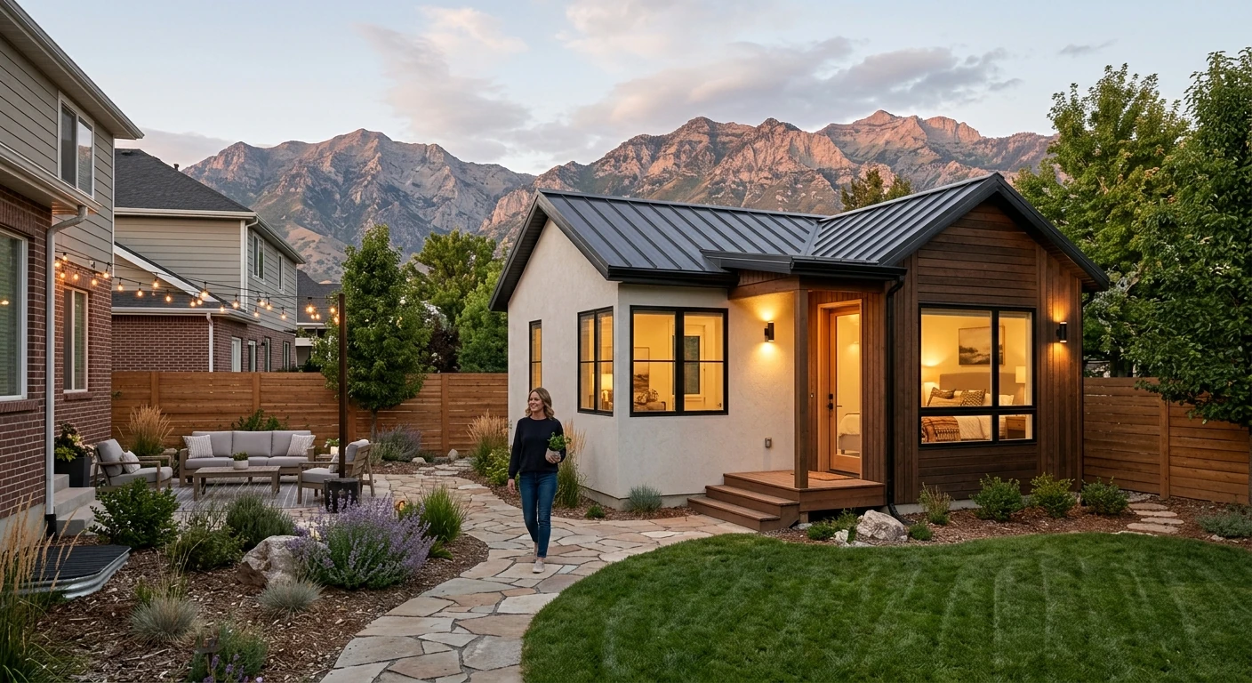 Concept rendering of a detached accessory dwelling unit behind a Utah home