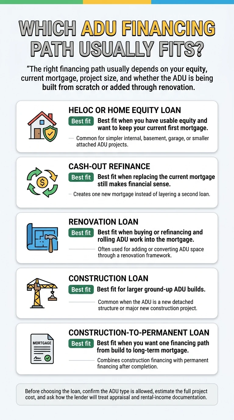 Diagram of the ADU financing process in Utah, from feasibility and cost to financing, permits, and construction