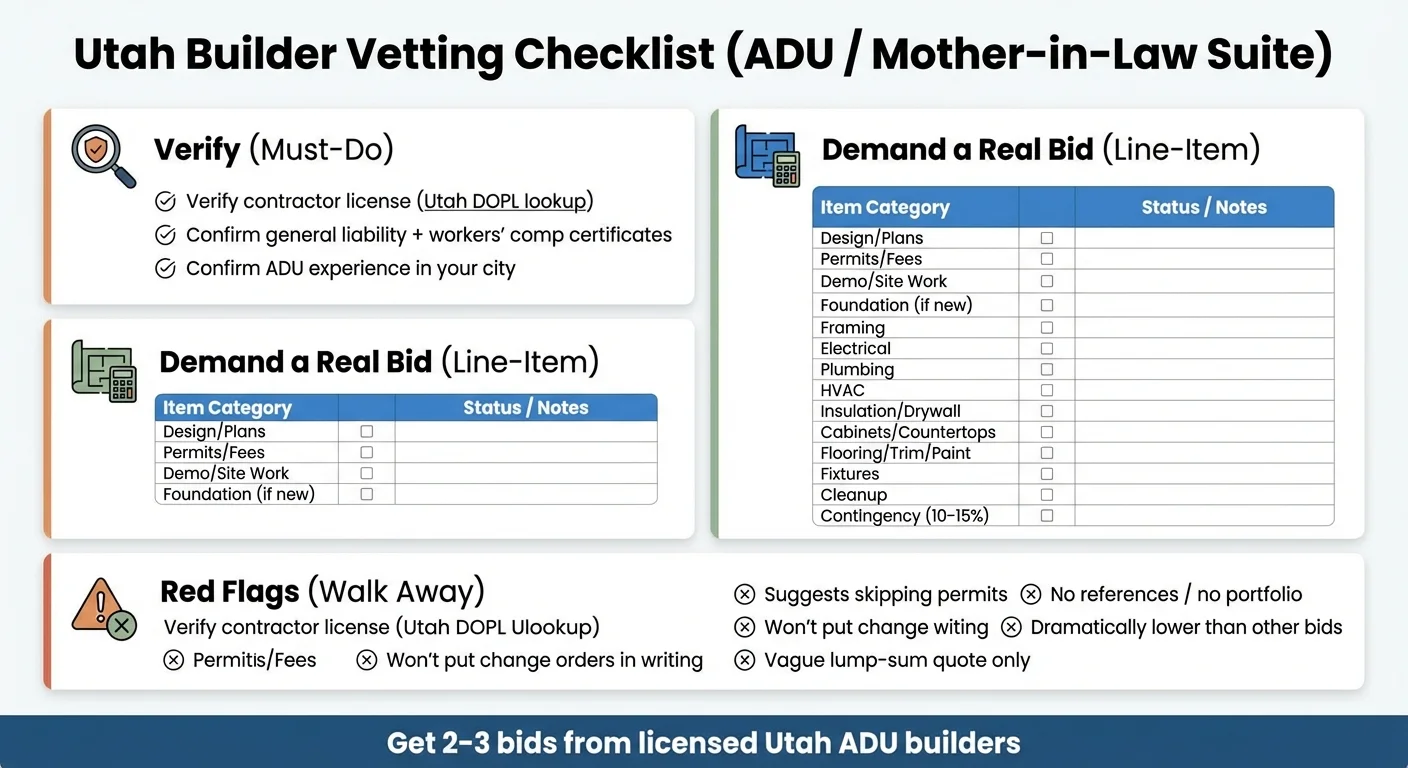 Utah ADU builder vetting checklist — license, insurance, ADU experience, bid itemization, and red flags