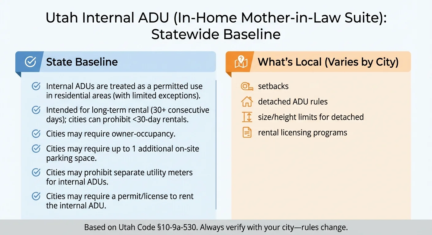 Utah internal ADU statewide baseline rules — what state law protects and what cities can still regulate