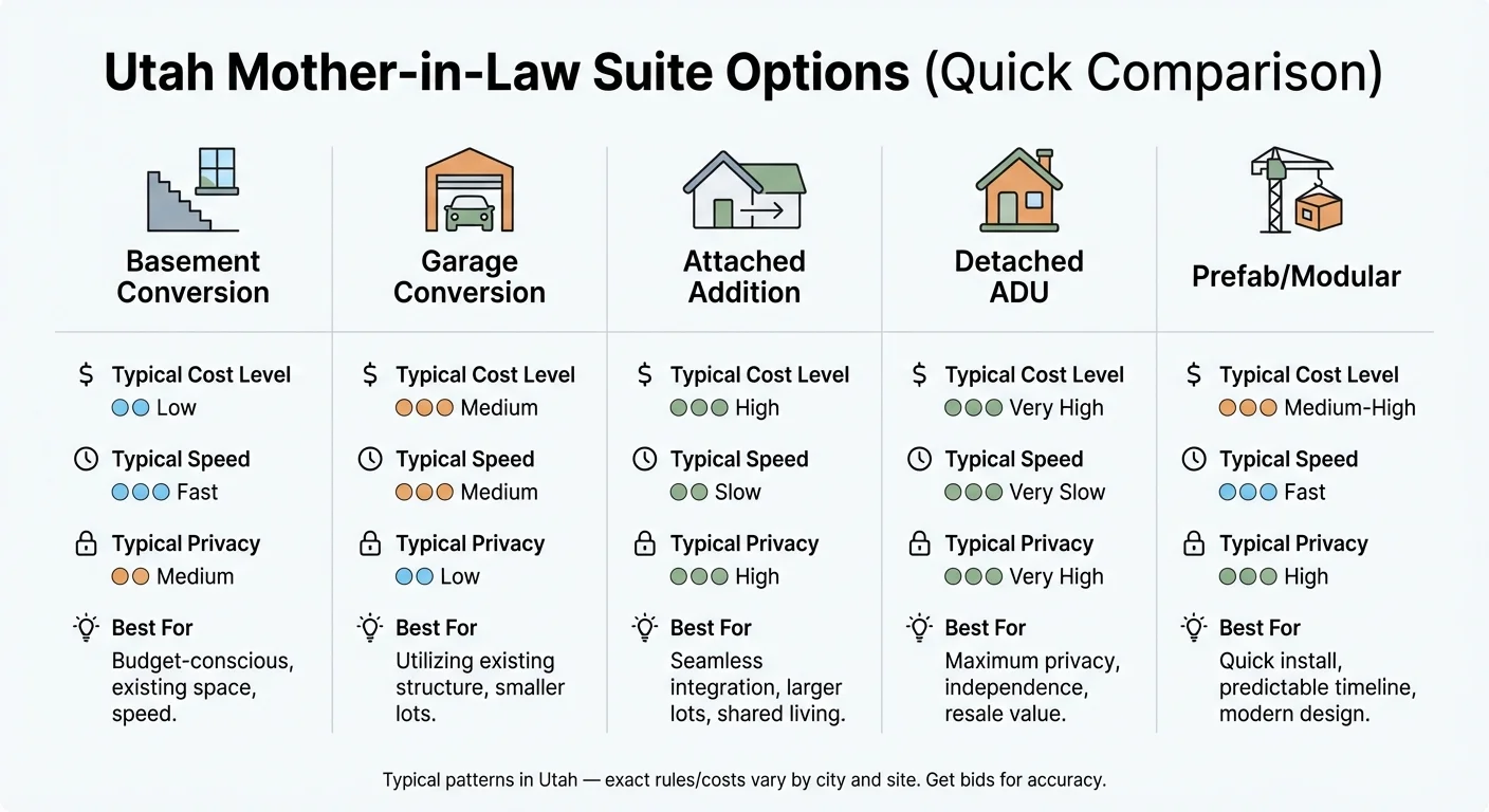 Utah mother-in-law suite options comparison — basement ADU, garage conversion, attached suite, detached ADU, and prefab ADU build paths