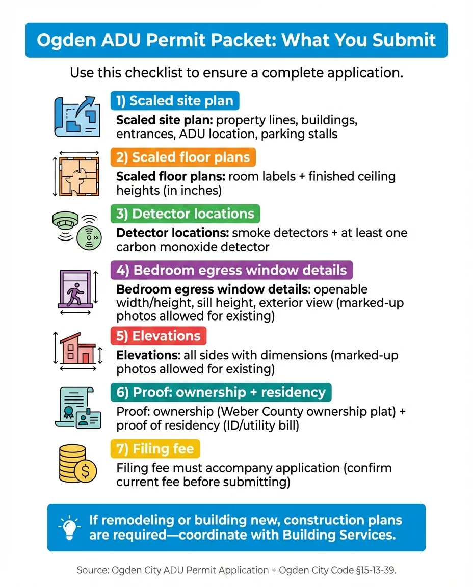 Ogden ADU permit packet checklist showing 7 required submission items including site plan, floor plans, detector locations, egress details, elevations, ownership proof, and filing fee