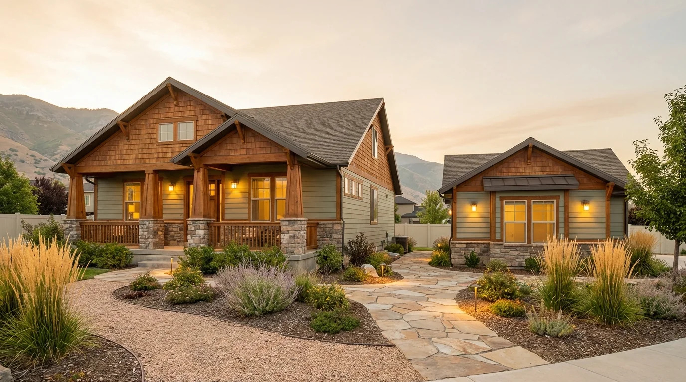 Detached ADU backyard cottage with matching craftsman architecture and stone pathway in Ogden Utah near Wasatch Front
