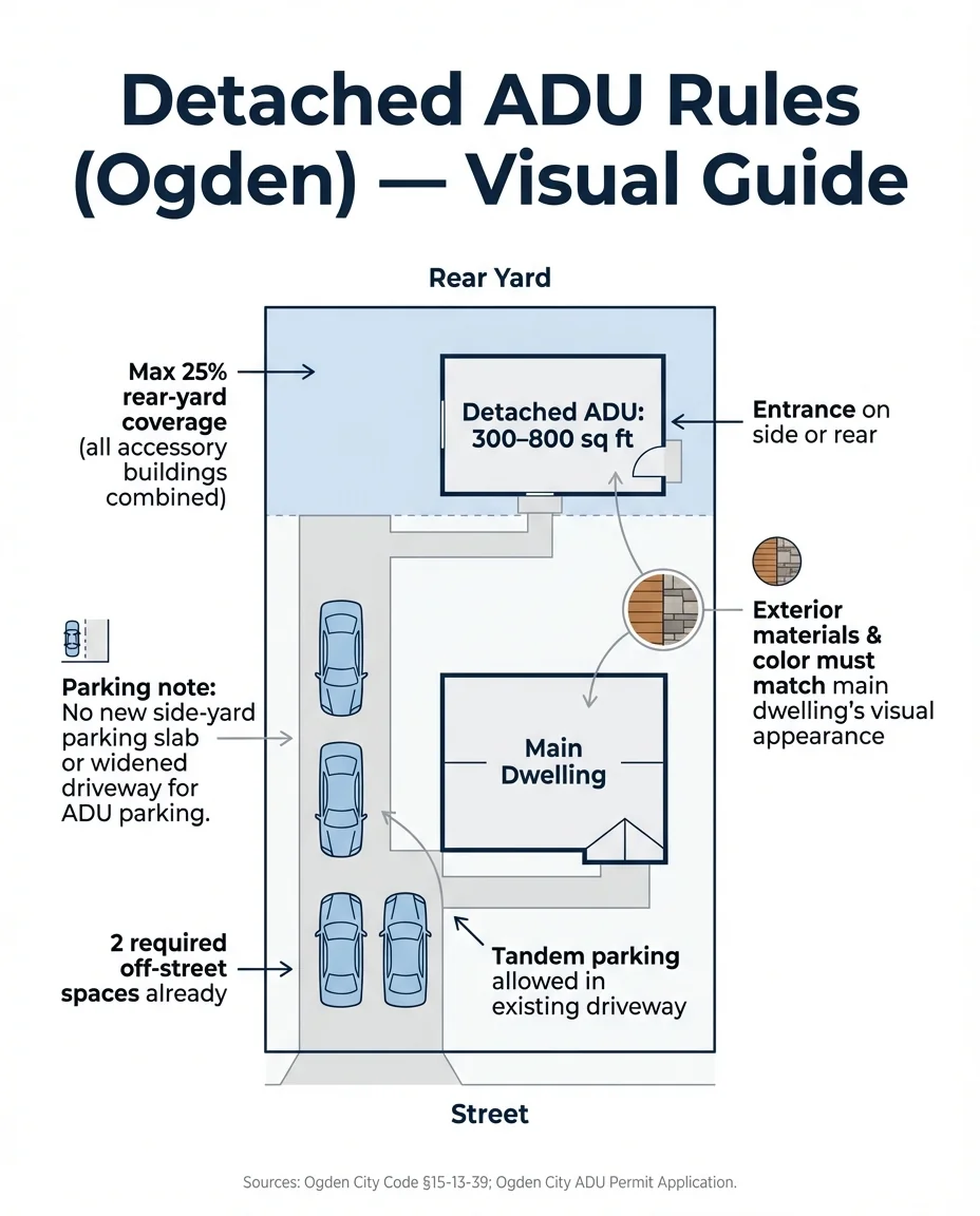 Ogden detached ADU site rules visual guide showing 300-800 sq ft size limits, 25% rear yard coverage, parking requirements, and entrance placement
