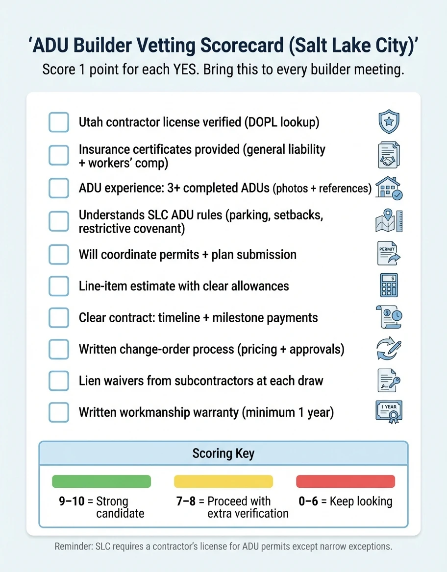ADU builder vetting scorecard for Salt Lake City showing 10-point evaluation criteria for hiring contractors