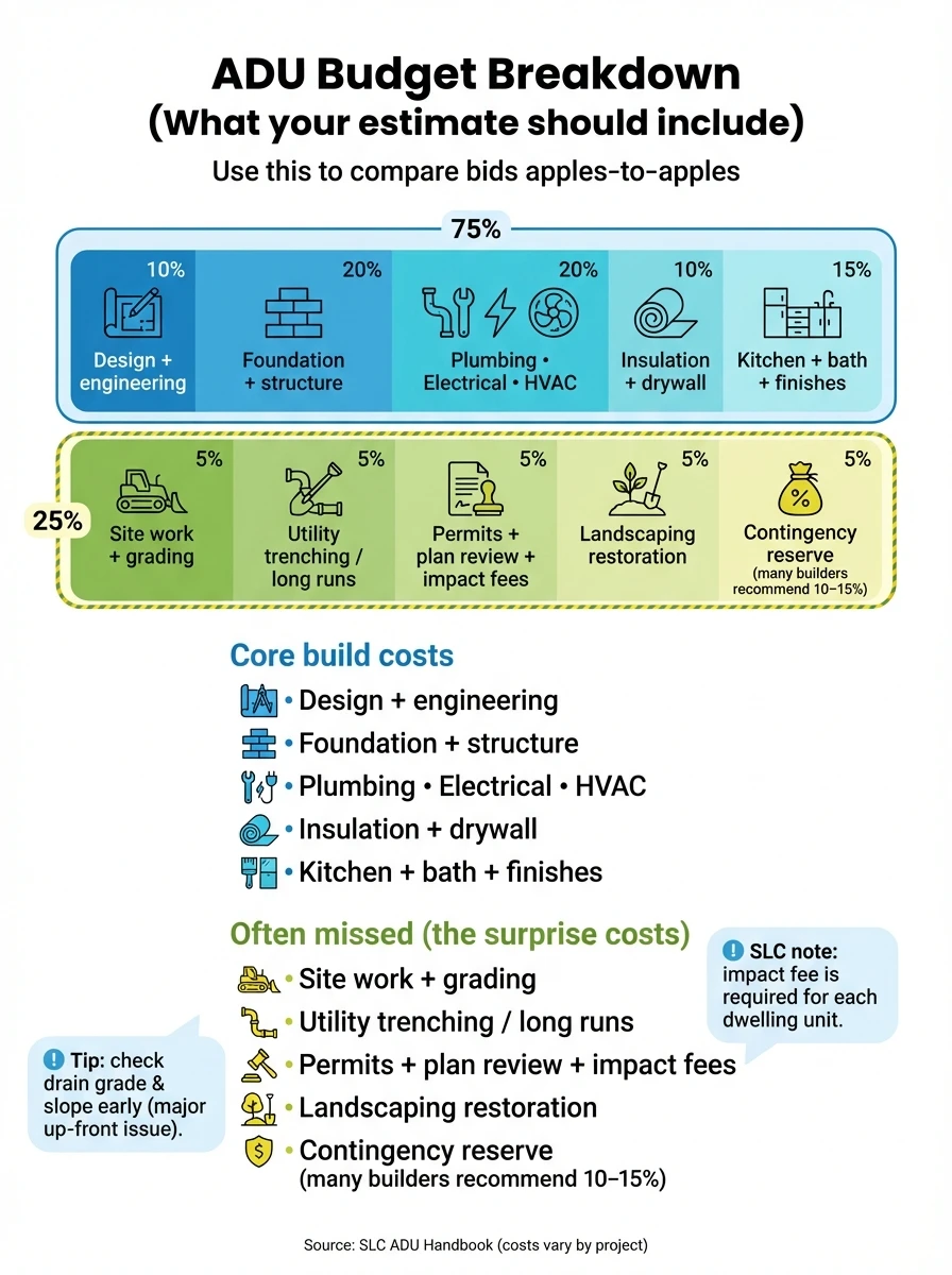 Salt Lake City ADU cost breakdown infographic showing hidden costs including utility connections, site work, permit fees, fire access, restrictive covenant, landscaping, and contingency