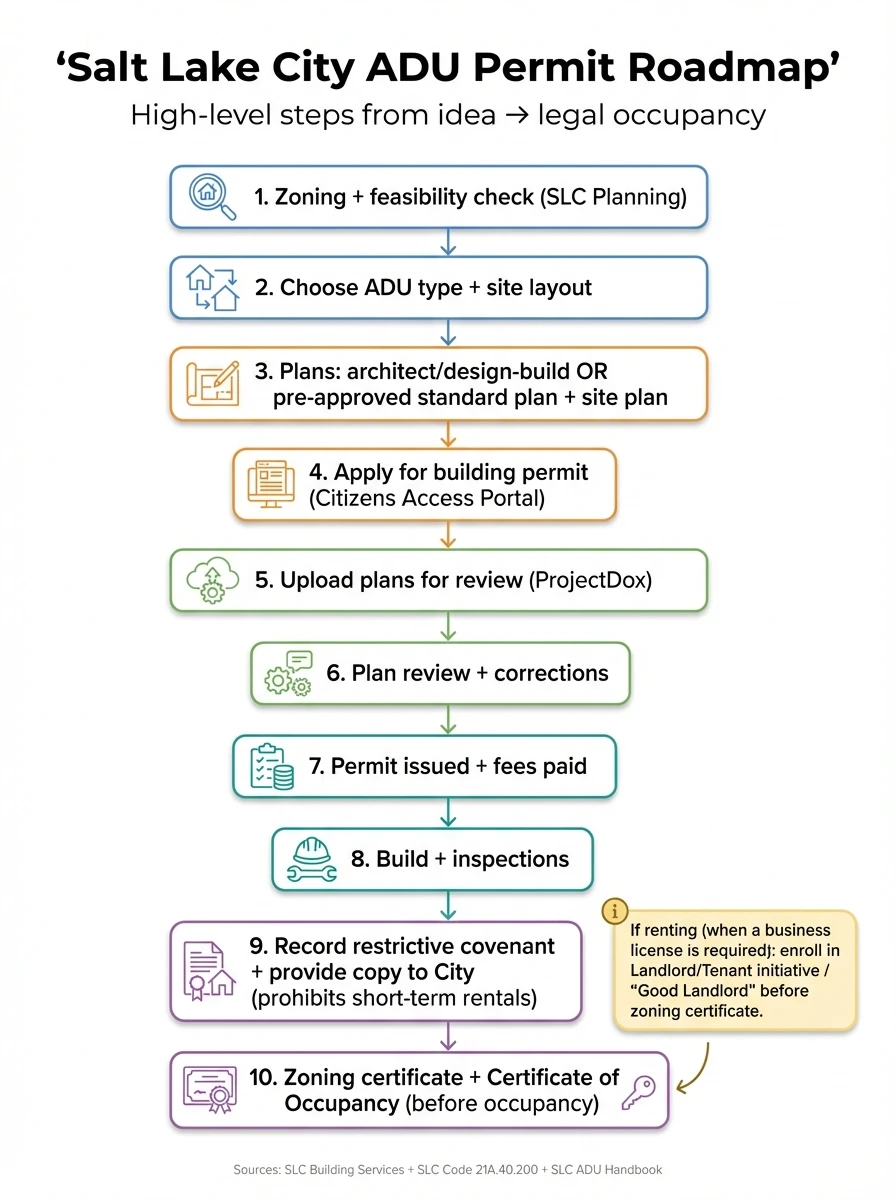 Salt Lake City ADU permit roadmap flowchart showing 10-step process from zoning verification through business license