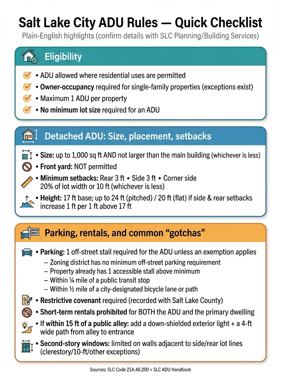 Salt Lake City ADU rules quick checklist infographic showing 5 eligibility questions for homeowners